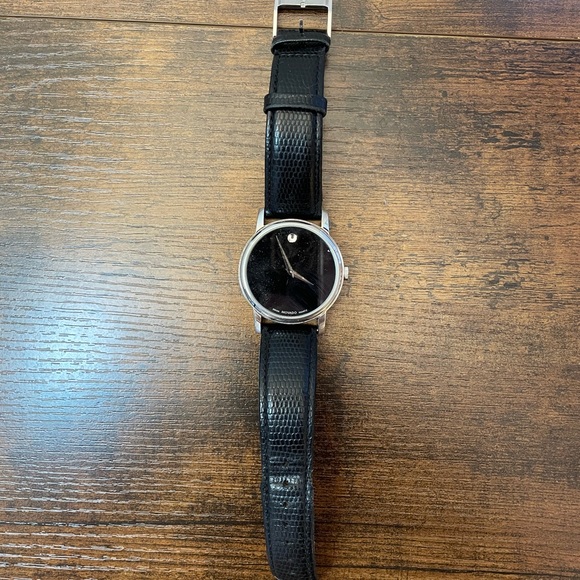 Movado Black Leather Strap Watch with box and instructions - Picture 1 of 2